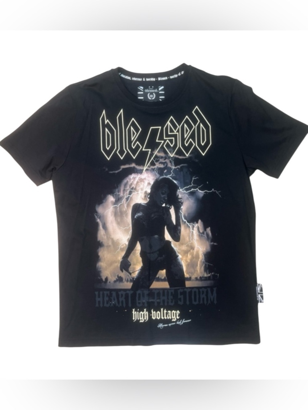 Sz M Blessed Graphic Black Men's Tee - High Voltage Storm Design
